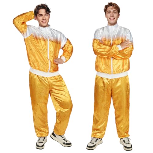 AYBUY Conjunto de Disfraz de Discoteca, Conjunto de 2 Piezas con Pantalón y Parte Superior, Ropa Deportiva Retro de Manga Larga Para Cosplay y Fiesta Rave Estilo Años 70 y 80 (M-Amarillo)
