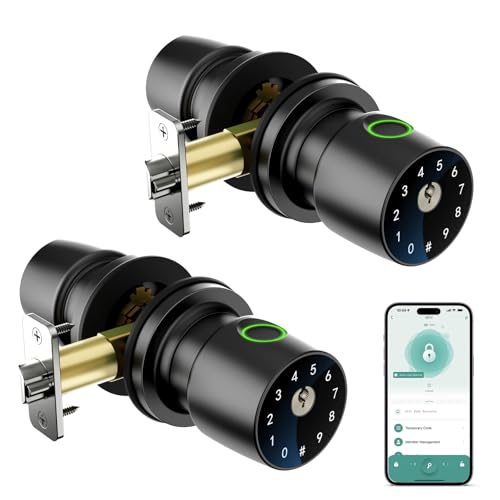 IRONZON Pomo de puerta de huellas dactilares con control de aplicación, perilla de puerta inteligente para dormitorio, cerradura biométrica para apartamento, oficina y garajes, paquete de 2