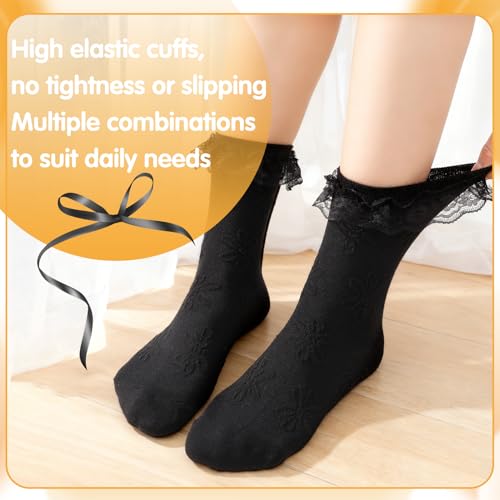 Image of Jspupifip 6 Pairs Lace Ruffle Frilly Crew Socks for Women Girls | Cotton Breathable Cute Princess Ankle Dress Lace Socks Thin Cool Casual Socks