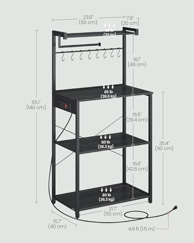 Image of VASAGLE BARNET Collection - Kitchen Bakers Rack with Power Outlet, 23.6-Inch Wide Coffee Bar 4-Tier with 8 S Hooks, Modern Microwave Stand, Adjustable Shelf, Charcoal Gray and Ink Black UKKS014B01V1