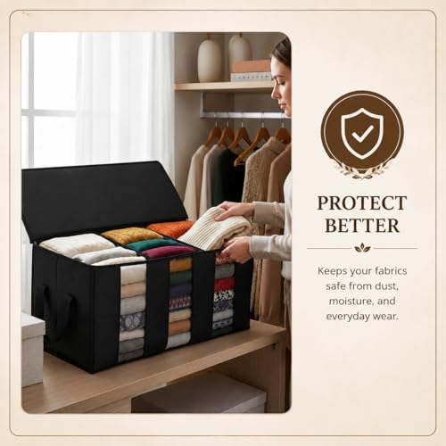 Image of Foldable Under Bed Clothes Organizer with 3 Dividers & Clear Window | Pack of 3 Storage Boxes with Handles | Underbed Clothes Storage Container for Blankets, Quilts, Clothes & Bedding | Black