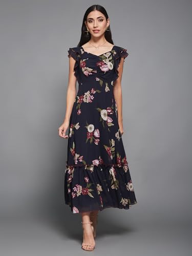 Image of Miss Chase Women's Round Neck Sleeveless Polyester Ruffled Knee- Length Dress