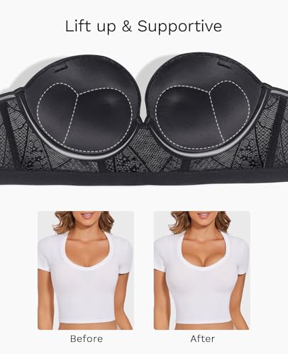 Image of Strapless Push Up Bra for Women Padded Underwire Support Convertible Lace Longline Bombshell Bras
