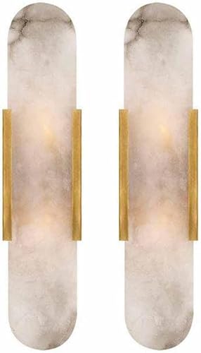 HPTHLY Natural Alabaster Wall Sconces Set Of 2 Marble Wall Lamp Bathroom Vanity Light Fixtures Alabaster Sconce Lighting White Stone Wall Mount Lamp For Bedroom Living(Gold-35Cm)