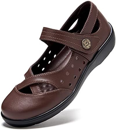 UZB Womens Mary Jane Shoes Slip On Loafers Genuine Leather Comfort Breathable Soft Casual Flats Non-Slip Memory Foam Walking Shoes Brown 9 US