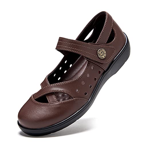 Uzb Womens Mary Jane Shoes Slip On Loafers Genuine Leather Comfort Breathable Soft Casual Flats Non-Slip Memory Foam Walking Shoes Brown 9 Us #TOP5