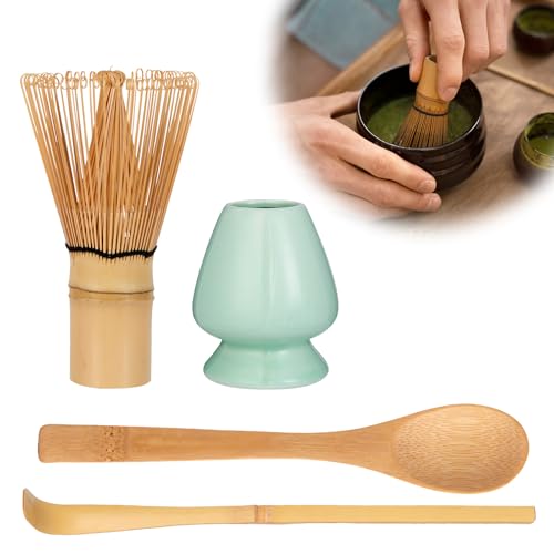 Zanfqvo 4-Teiliges Matcha Besen Set - Matcha Tee Set mit Matcha Whisk, Matcha Besen Halter aus Keramik, 2 Matcha Löffel - Japanisches Zubehör für Ceremonial Match (Cyanfarben)