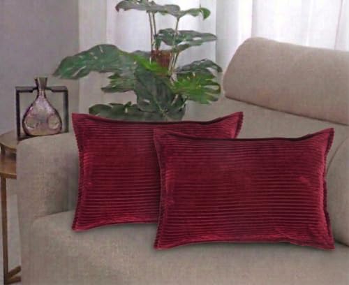 Image of RD TREND Corduroy Cushion Cover Set of 2, Striped Double Sided Decorative Throw Pillowcases for Sofa, Bed & Living Room Rectangular Long Cushion Covers 18x28 inches | Maroon