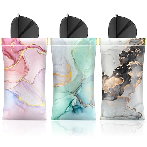 Image of 3 Pack Eyeglasses Pouch, Portable Squeeze Top Leather Sunglasses Pouch Spring Storage Glasses Case, Multi Marble