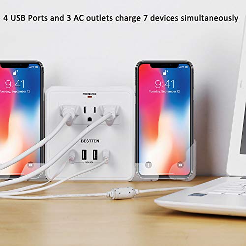 Bestten Wall Mount Surge Protector With 4 Usb Charging Ports, 3 Electrical Outlets And 2 Slide-Out Phone Holders, 15A/125V/1875W, Etl Certified, White #TOP6