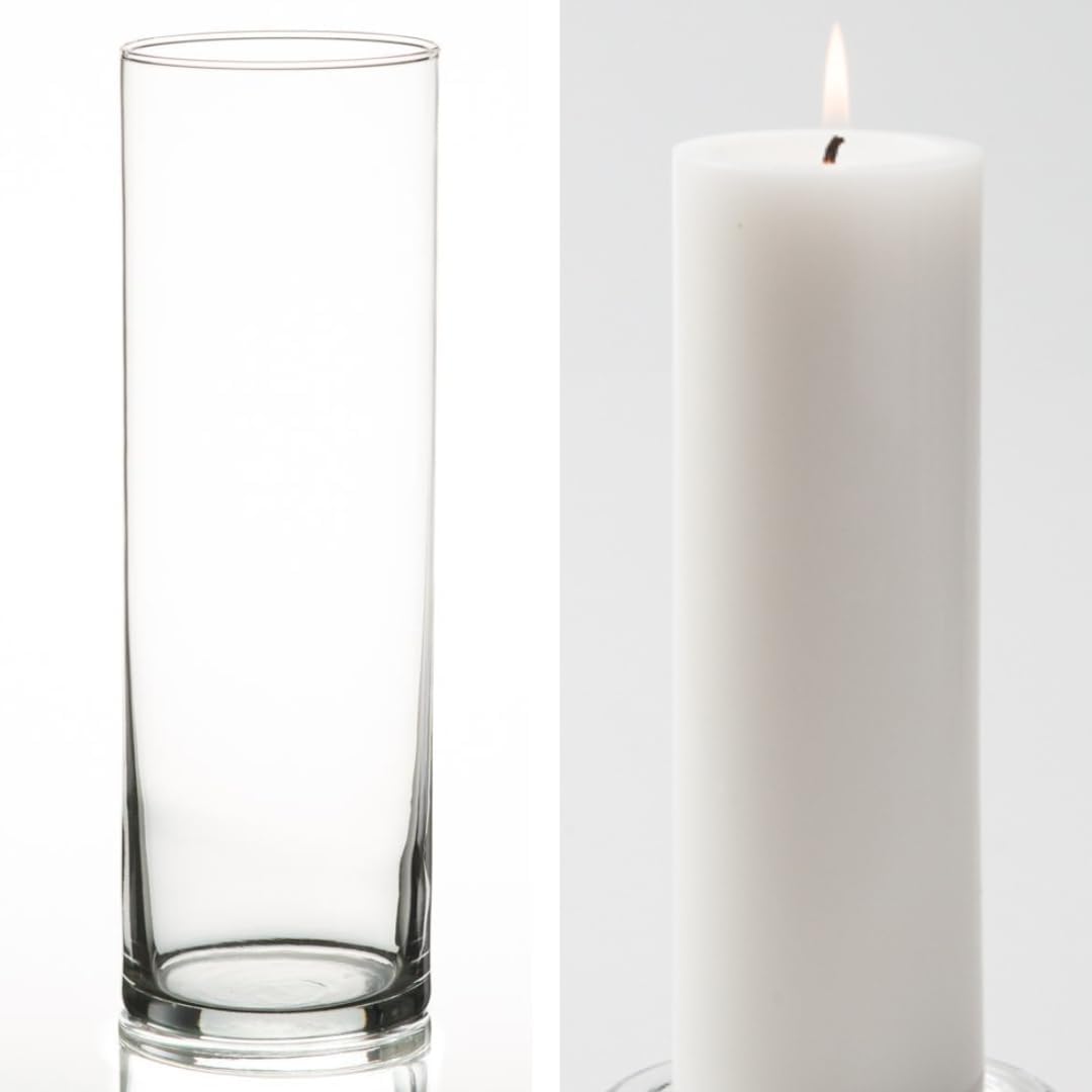 12 Eastland Glass Cylinder Vases 10.5" and 12 White Richland Pillar Candles 9"