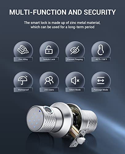 Fingerprint Door Lock Keyless Door Knob, 4 Unlocking Ways (Key/Code/Fingerprint/App), Zinc Alloy, Biometric Waterproof Combination Electronic Handle For Interior Doors, Bedrooms, Garage, Office #TOP2