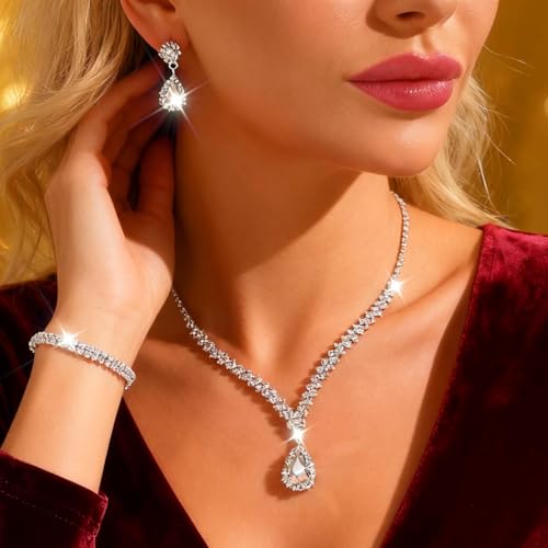 CLOACE Rhinestone Wedding Jewelry Set Silver Sparkly Earrings Bracelet Prom Necklace Jewelry Accessories for Women and Brides (Silver) by CLOACE - Used condition - Image 4