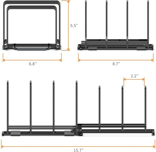 Image of Black Iron Dish Rack Organizer - Space-Saving Countertop Pan Pot Lid Stand with 6 Slots, 17 inch L x 7 inch W x 6 inch H - Heavy-Duty Kitchen Storage Rack