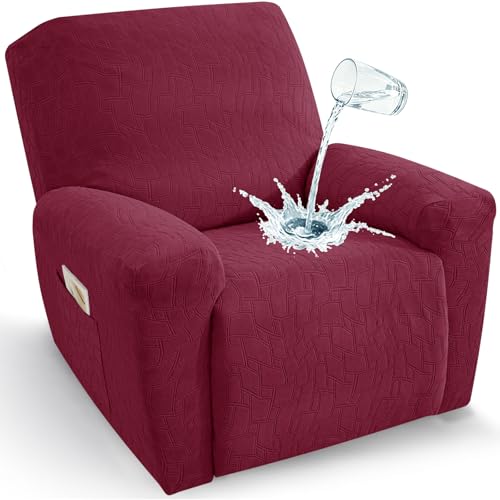 Image of ZNSAYOTX 100% Waterproof Recliner Chair Covers, 3-Piece Stretch Fit Recliner Slipcovers with Buckle & Elastic Band for Lazy Boy, Stay in Place, Soft Plaid Jacquard Protector (Large, Wine Red)