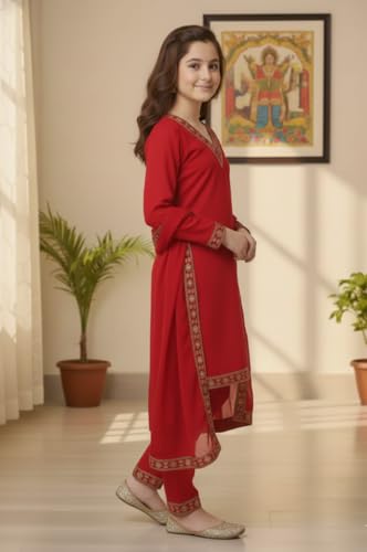 Image of Girls Stylish Rayon Lace Work Kurti with Dupatta and Pant