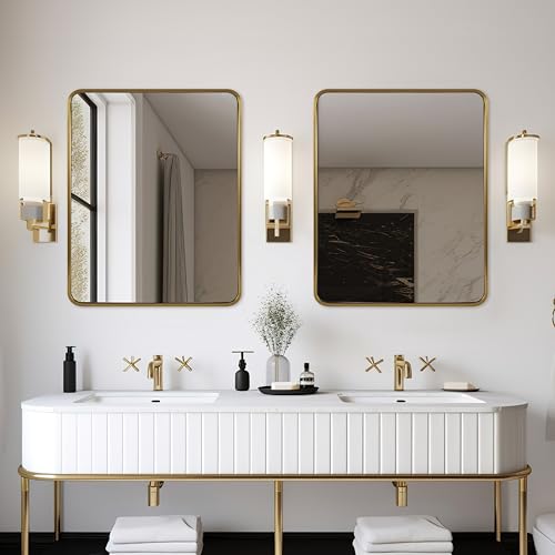 Image of ANDY STAR 40x32 Inch Gold Bathroom Mirror, Brushed Gold Mirrors for Wall in Anti-Rust SUS304 Tube Metal Frame, Rounded Rectangle Mirrors 1'' Deep Wall Mounted Vertically /Horizontal for Bathroom