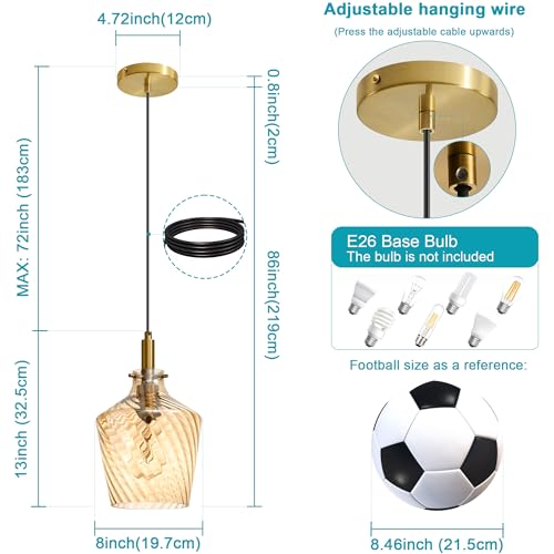 Image of Stripes Amber Glass Pendant Light for Kitchen Island Gold 8 Inch 1 Pack