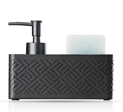 Dispensador de detergente negro con grabado para baño o cocina – Dispensador de detergente con esponja incluida – Organizador rellenable para cocina o cuarto de baño, 200 ml de contenido, vaso para