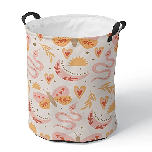 Reateforin Round Baby Storage Basket,Boho Mid Century Collapsible Kids Toys Bin,Books Shelf Basket,Gift Basket Pink Sun Moon Rainbow Basket for Girls Cute Nursery Room Decor Cloths Hamper 19.7