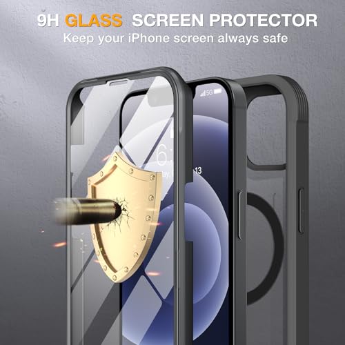 Image of Miracase Magnetic for iPhone 12 /12 Pro Case 6.1 inch, (Compatible with MagSafe) Upgrade Full-Body Clear Phone Bumper Case with Built-in 9H Tempered Glass Screen Protector, Magnetic Classic Black