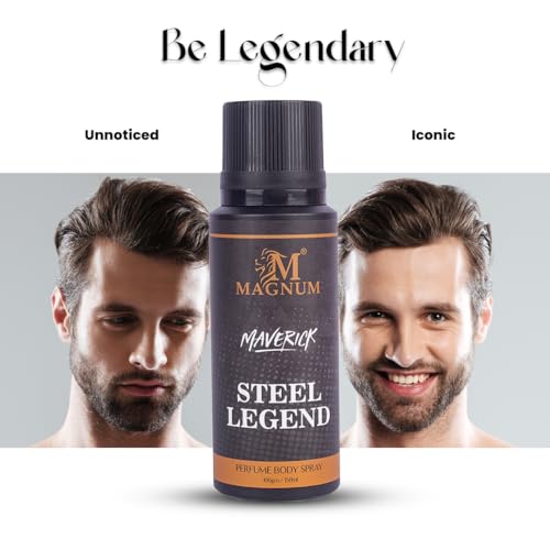 Image of Magnum Maverick Steel Legend Men's Body Spray - Aromatic Woody Fragrance with Bergamot, Lavender & Sandalwood | Smooth Long-Lasting Scent for Office & Everyday Wear | 150ml