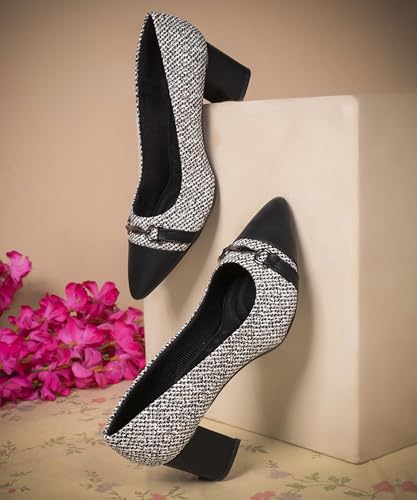 Image of JM LOOKS Professional Textured Block Heel Pumps with Metallic Buckle Accent and Modern Two-Tone Cap Toe Design