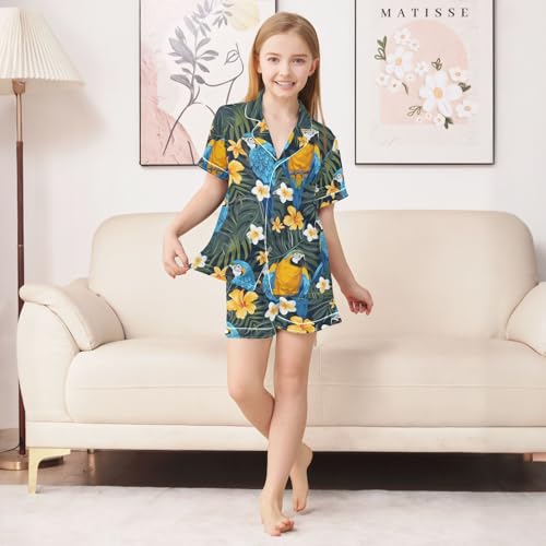 ALAZA Tropical Parrot Palm Leaves Flower Pajamas Satin Pajama Set Short Sleeve Button Down Sleepwear3