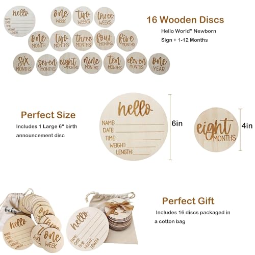 Wooden Milestone Cards and Discs 16pc Set for Baby Photos and First Year Milestones - New Parents and Baby Showers with "Hello World" Sign and Monthly Cards from 1-12 Months