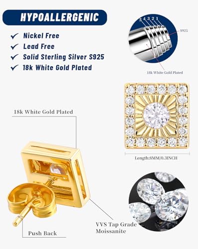 Moissanite Earrings for Men, Lab Diamond Cluster Studs Sterling Silver 18K Gold Plated Hypoallergenic Iced Out Big Hip Hop Earring Square Push Back with VVS1 GRA Certified 8/9/10MM3