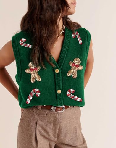 Image of Women Christmas Sweater Vests Santa Claus Print Sleeveless Knit Cardigan Vest Christmas Holiday Tank Top