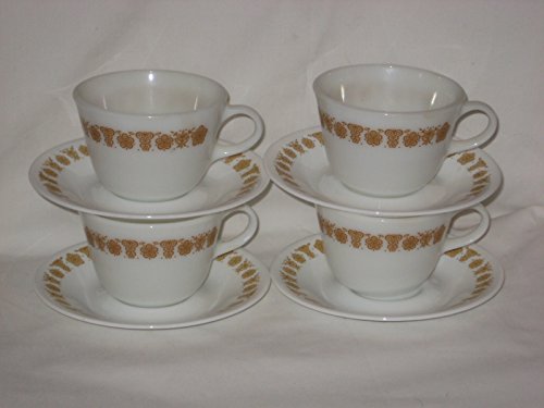 8 Piece Set - Butterfly Gold - 8 oz Pyrex Round-Bottom Cup Corelle Saucers
