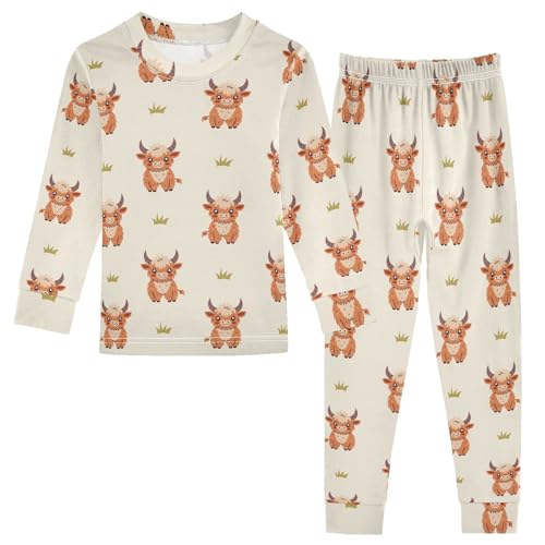 Cotton Pajamas Set 2 Piece Soft Comfy Highland Cow Pjs Long Sleeve Lounge Sleepwear