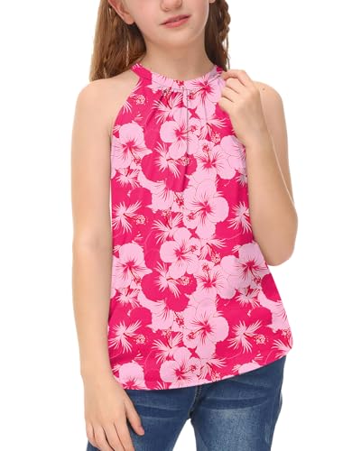 Image of BesserBay Girls Summer Back Button Halter Neck Tank Top Cold Shoulder Casual Blouse Pleated Sleeveless Shirts 5-14 Years