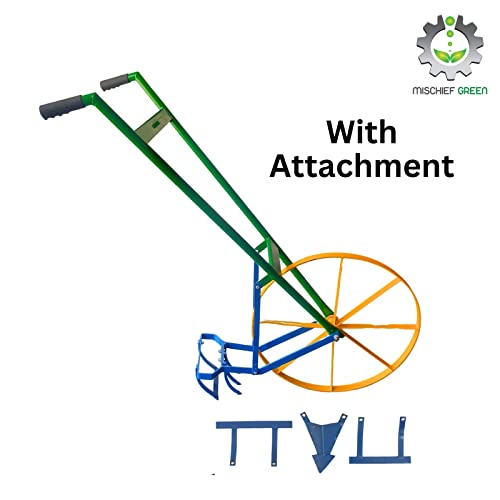 Mischief Green Manual Wheel Hoe (Cycle Kolpe) Push Type Weeder Tiller with 3 Attachments, Can be Used for Loosening The Soil, Digging The Trench & Weeding, Wheel Hoe for Agriculture