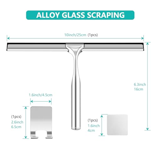 Image of Shower Squeegee for Glass Doors,10 Inch Stainless Steel Squeegee for Shower Glass with Storage Hook, Shower Squeegee for Tile Shower Walls, Window Mirror Squeegee and Car Glass(Sliver)