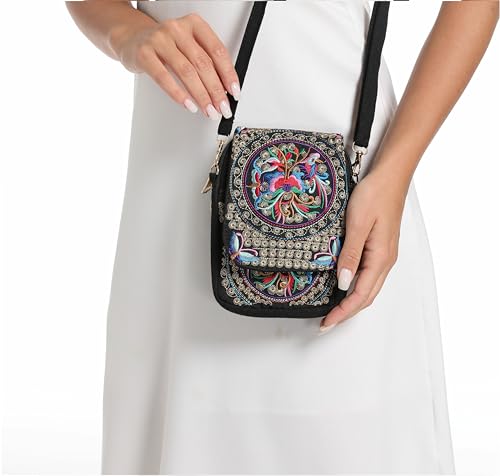 Vintage Embroidered Cell Phone-Purse -Small Crossbody Bag Coin Wallet,Women Mini Ethnic Travel Shoulder Bags Handbag Pouch, Black&red2