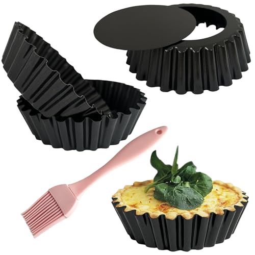 Urxirha 4 Pack Deep Tart Pans with Removable Bottom, 4-Inch Nonstick Quiche Pan with Silicone Basting Pastry Brush for Baking Treats, Pie, Quiches, Tartlets