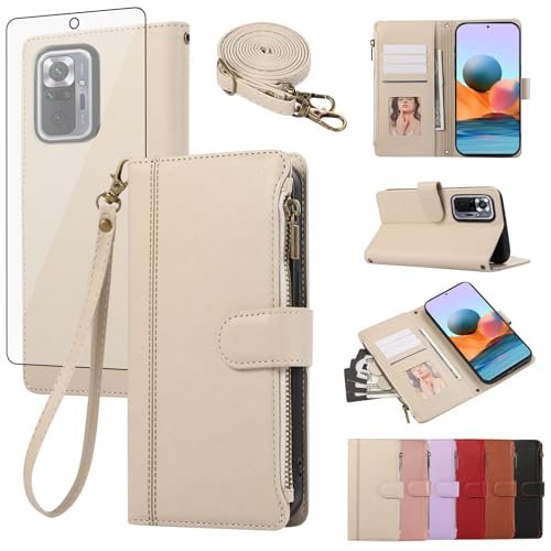 Étui Xiaomi Redmi Note 10 Pro en cuir beige avec protège-écran et porte-carte Asuwish