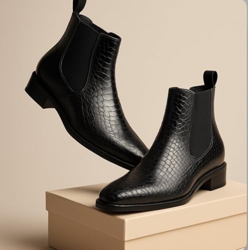 Image of Men's Leather Chelsea Boots | Ankle Boots with Textured Finish Formal & Smart Casual Boots | Comfortable Fit, Trendy, Stylish Boots | Leather Boots for Office /Fashionable