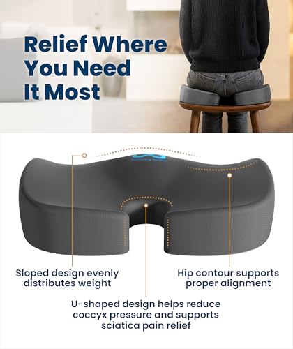Image of Everlasting Comfort Doctor Recommended Memory Foam Seat Cushion for Office Chairs & Car - Ergonomic Office Desk Accessories - Cushions for Tailbone Pain Relief, Sciatica (Gray, Large)