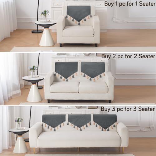 Image of HOKIPO Premium Holland Velvet Sofa Backrest Cover with Tassels - 'TasselTone Series', Graphite Grey (IN-1103-DGRY)