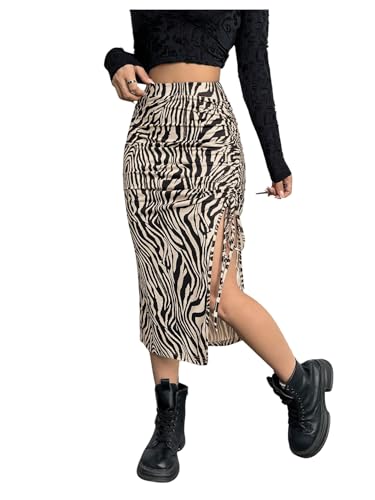 Verdusa Women's Animal Print Drawstring Thigh Slit Bodycon Skirt Elegant Ruched Long Skirts