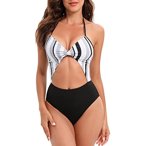 Leoparts Women's Twist Front Cutout One Piece Swimsuits Halter Striped High Waisted Bathing Suits Monokini, Black Stripes, X-Large Cover