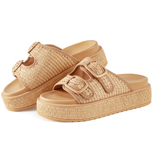 KaroNairy Platform Sandals for Women Raffia Espadrille Wedges Summer Beach Sandals Woven Straw Crochet Sandal Adjustable Double Buckle Strap Rattan Flats