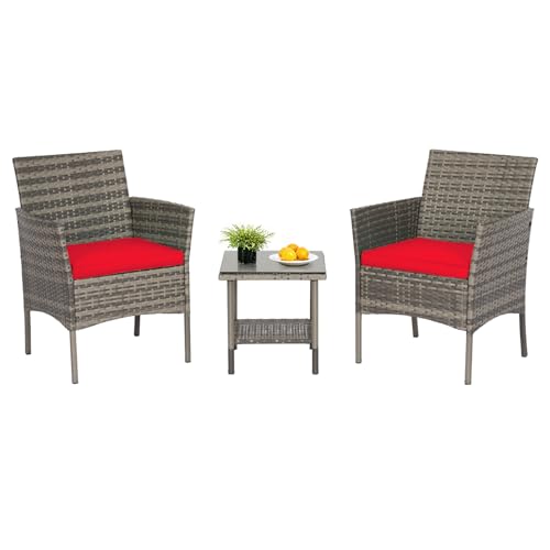 Image of FDW 3-Piece Patio Furniture Set | Gray & Red | Outdoor Wicker Furniture