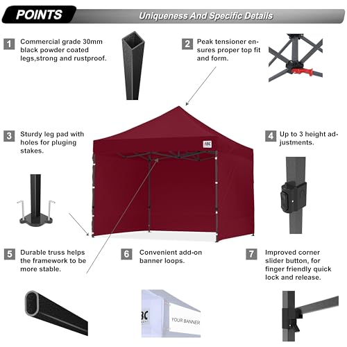Image of ABCCANOPY Heavy Duty Easy Pop up Canopy Tent with Sidewalls 10x10, Burgundy