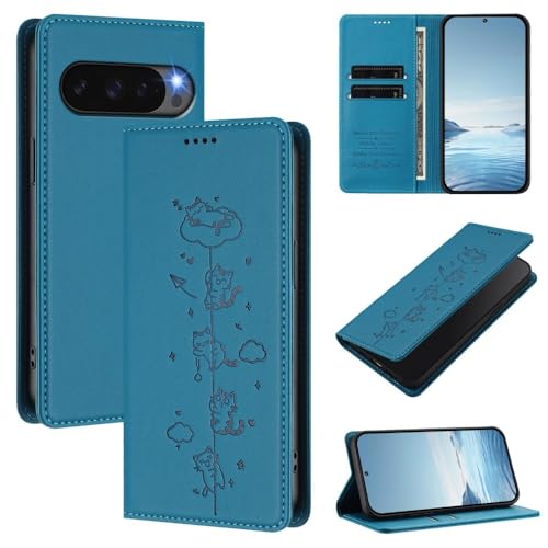 Protection Google Pixel 7 Portefeuille Cuir Bleu Lac rabat aimanté chat