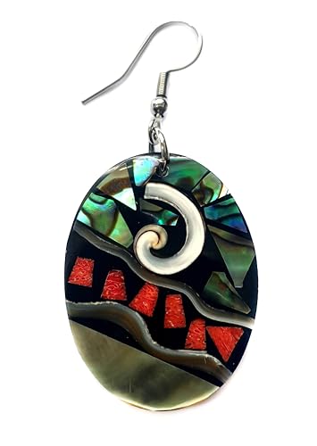 Oval Paua Abalone, Red Coral & Mother of Pearl Earrings, Dangle Drop Seashell Fashion Jewelry DA1174