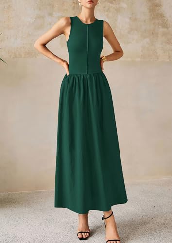 Image of PRETTYGARDEN Maxi Dresses for Women 2026 Summer Casual Sleeveless Patchwork Flowy Vacation Sundress Knit Long Work Tank Dress